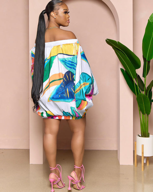Off-Shoulder Print Batwing Sleeve Dress for Vacations