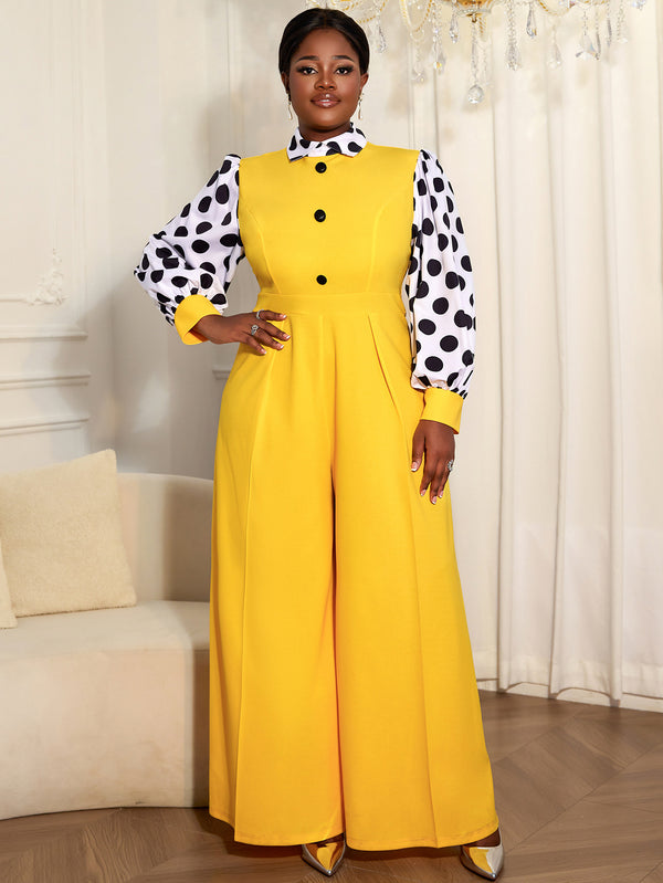 Plus Size Polka Dot Lantern-Sleeve Wide Leg Jumpsuit for Events