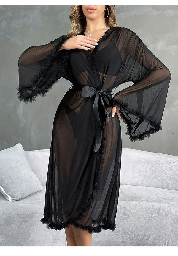 Mesh Fringe Long Robe for Beach Cover-Up & Loungewear