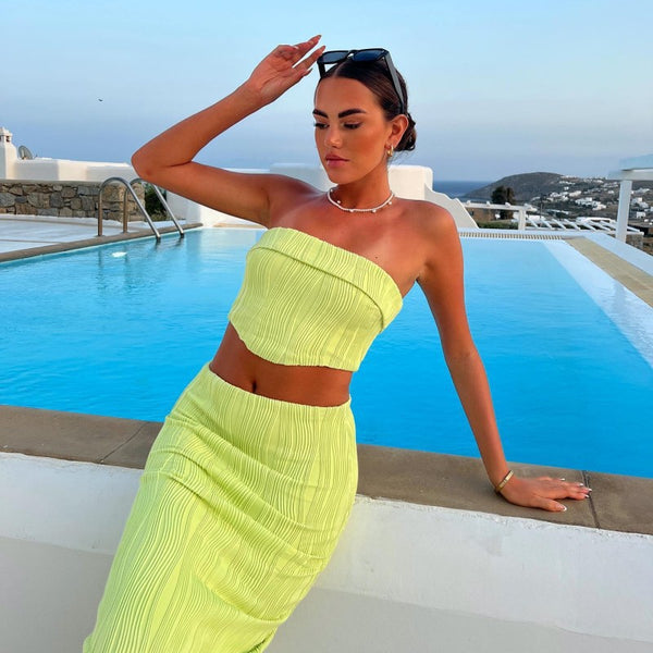 Women Summer Solid Strapless Top Bodycon Skirt Two-piece Set