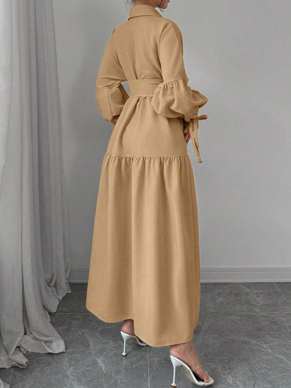 Women's Chic Fashion Tie-Up Long Sleeve Puff Sleeve Dress