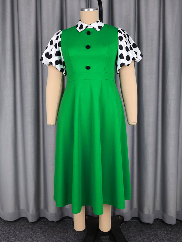Plus Size Green Polka Dot Turndown Collar Dress for Office & Events