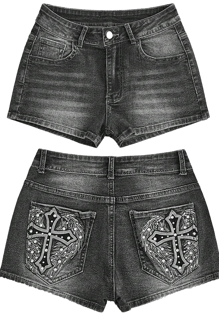 Embroidered Pocket Denim Shorts