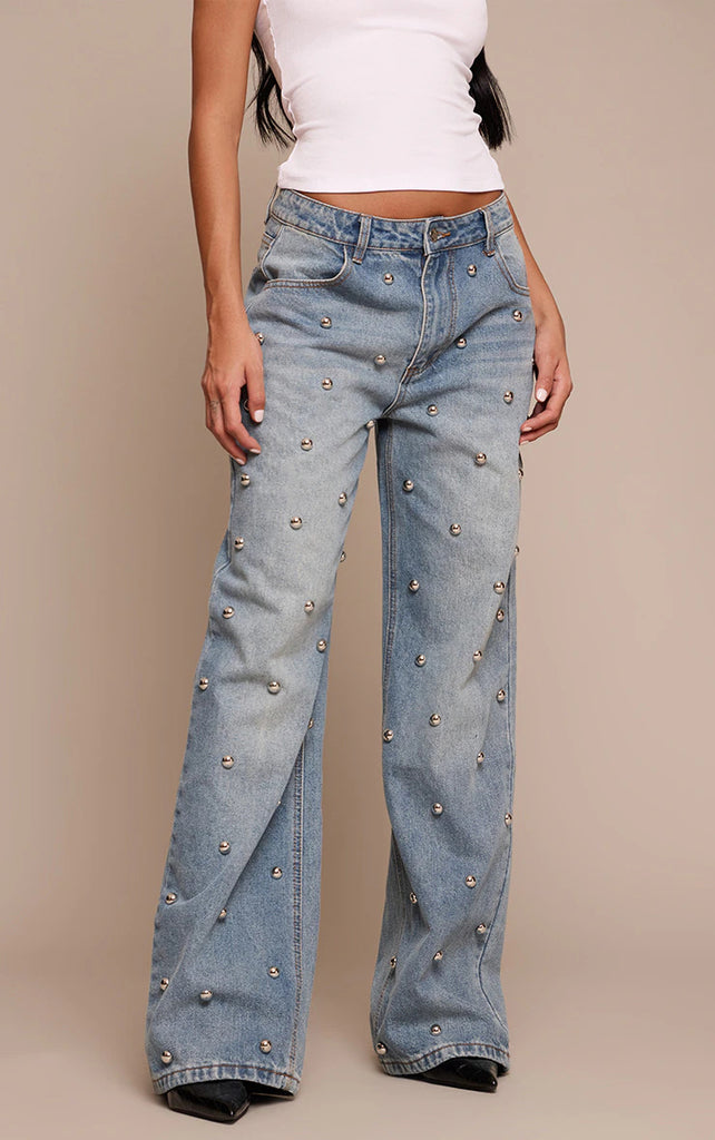 Women Beaded Washed Denim Trousers