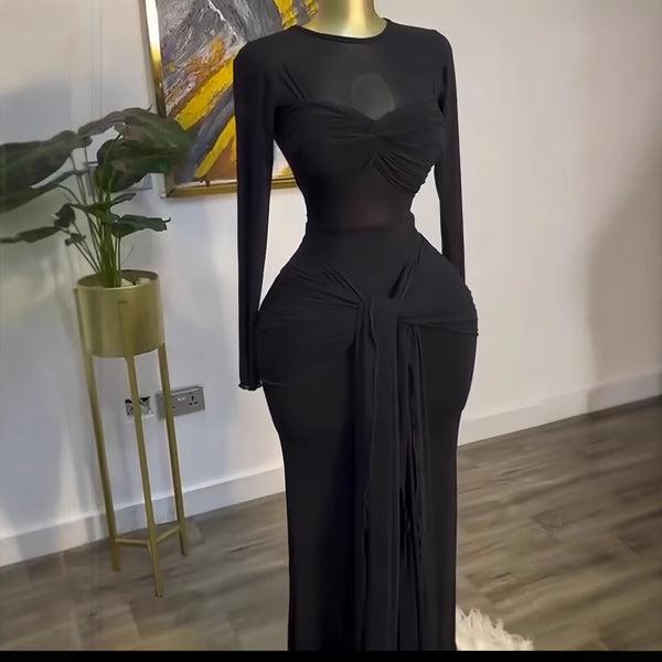 Solid Long Sleeve Round Neck Bodycon Maxi Dress for Spring