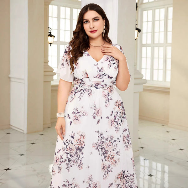 Plus Size Women's White Printed Formal Party Evening Dress