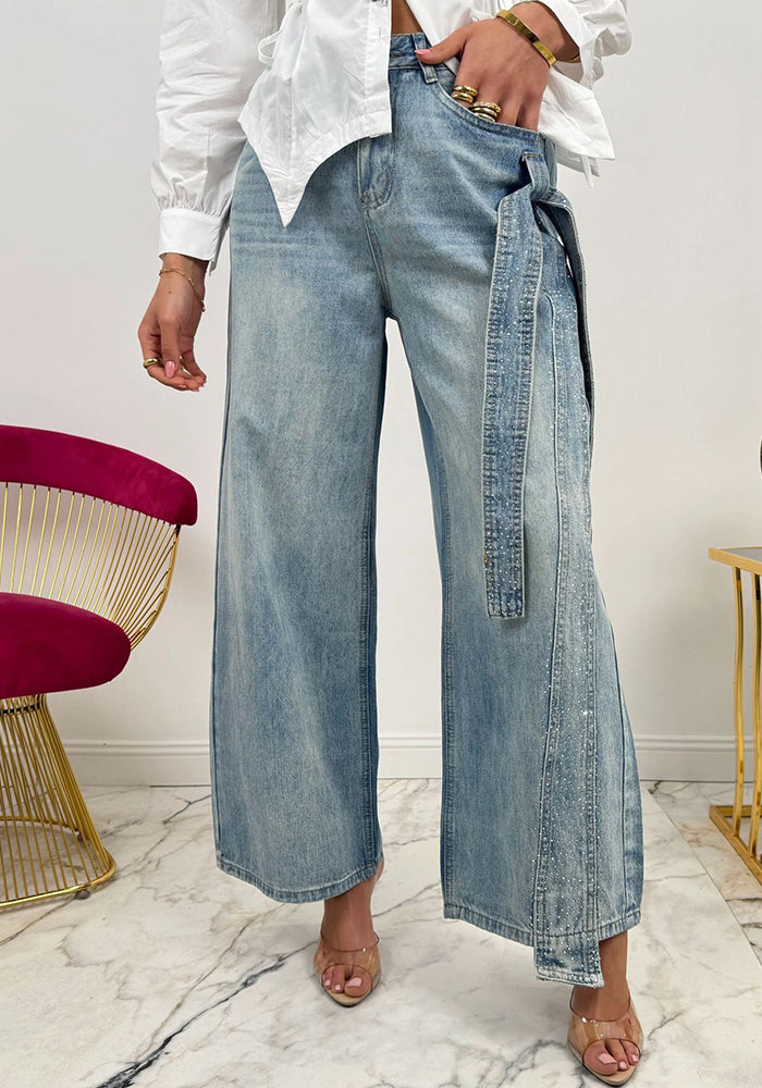 Beaded Bow Detail Denim Jeans for Casual Streetwear