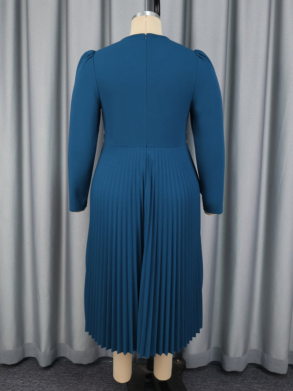 Plus Size Navy V-Neck Long-Sleeve Ruffle Pleated Evening Dress