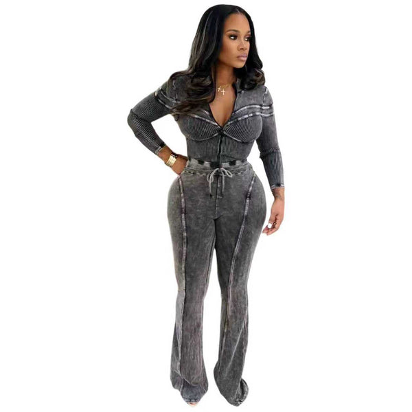 Women Fall Athletic Washed Casual Top and Pant Two-Piece Set