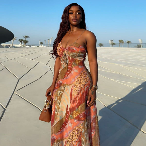 Women Printed Low-Back Strap Holiday Maxi Dress