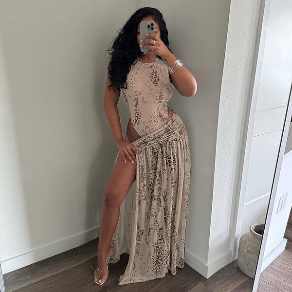 Printed Bodysuit & Side Slit Skirt Two-Piece Set for Summer