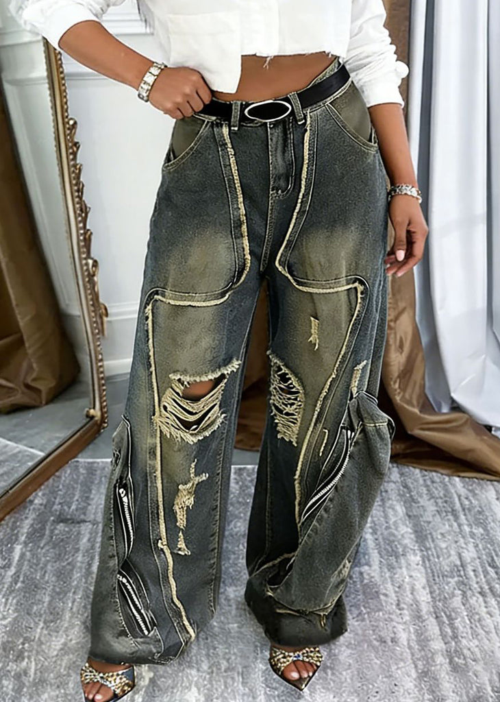 Women Ripped Pocket Cargo Denim Pants
