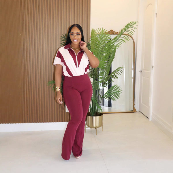 Turndown Collar Zipper Patchwork Bell Bottom Jumpsuit for Casual Streetwear