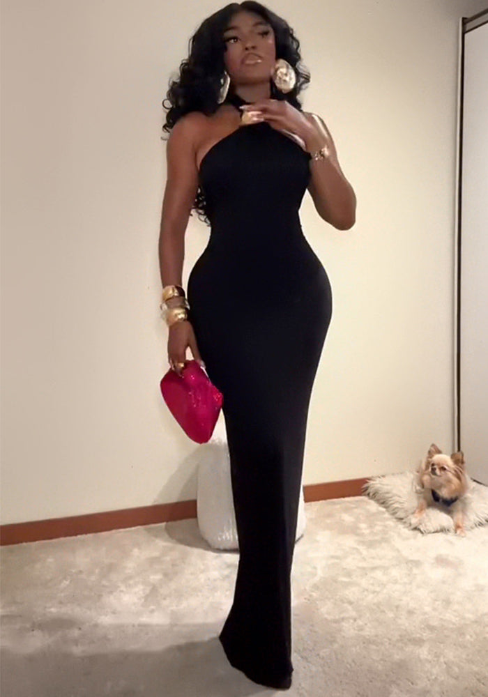Women Summer Sleeveless Halter Neck Solid Dress