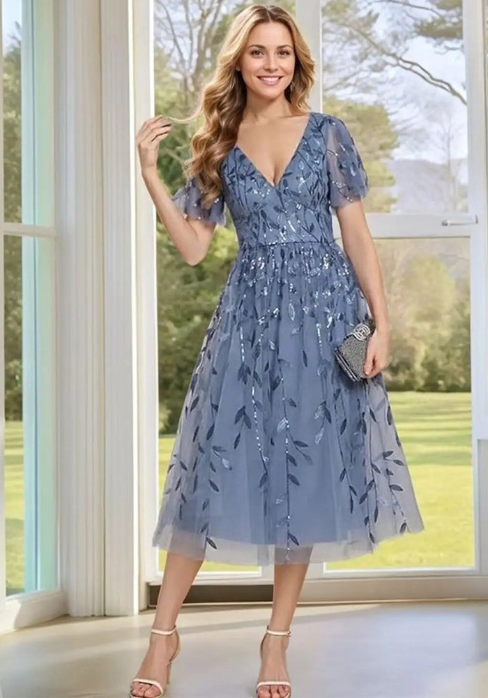 Sequin Embroidered V-Neck Short Sleeve Midi Prom Gown