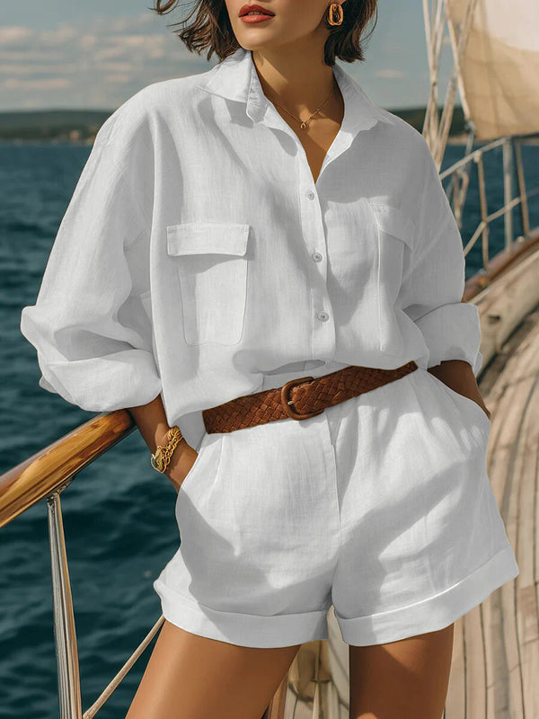 Linen Button Shirt & Shorts Casual Set for Spring & Summer