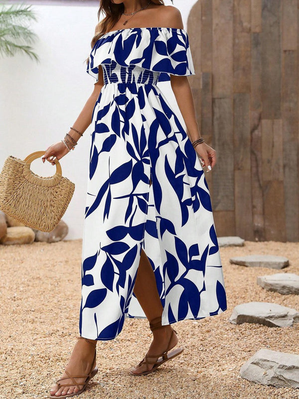 Off-Shoulder Printed Split Long Dress for Summer Vacations