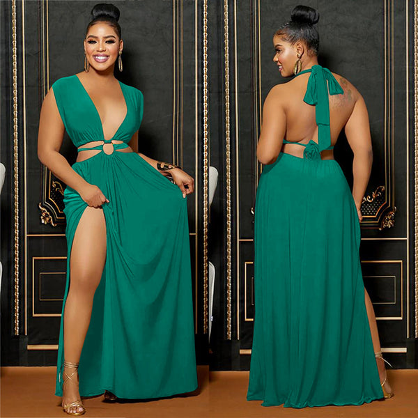 Solid Low-Back V-Neck Sleeveless Maxi Dress for Summer Events