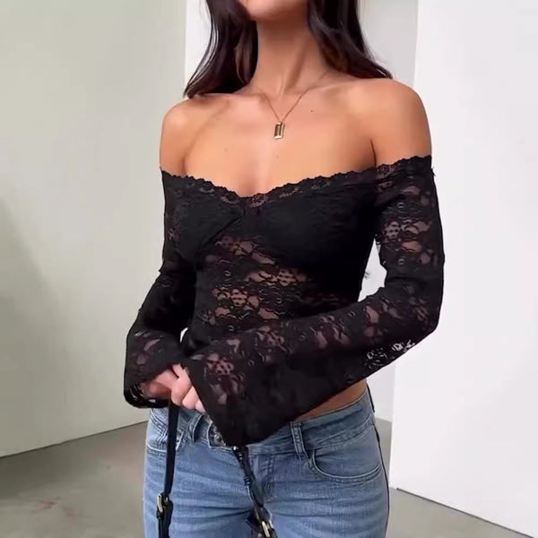 Women Summer Sexy Off Shoulder Long-Sleeved Lace Top