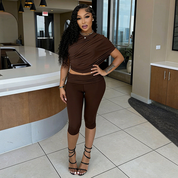 Women Spring Sexy Draped Top and Capri Pants Two-Piece Set
