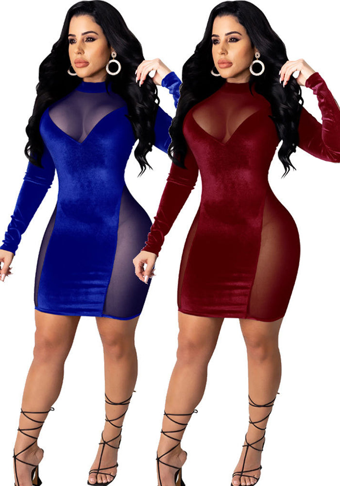 Velvet Mesh Patchwork Long Sleeve Dress