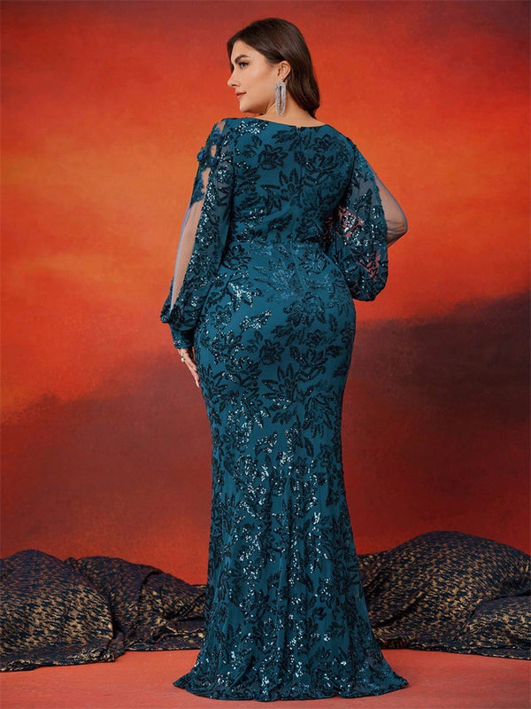 Plus Size Women V-Neck Sequined Long Sleeve Elegant Fishtail Evening Dress
