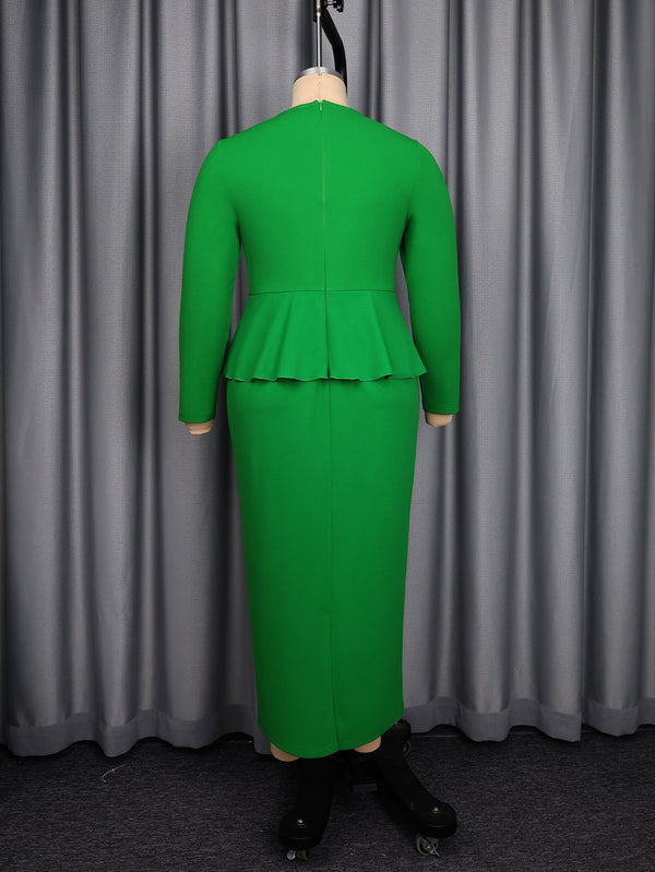 Plus Size Ruffle-Trim Embroidered Long-Sleeve Formal Dress