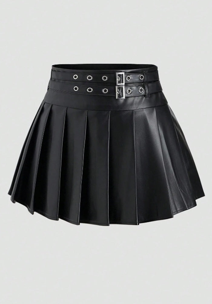 Women Black Pu Leather Pleated Skirt