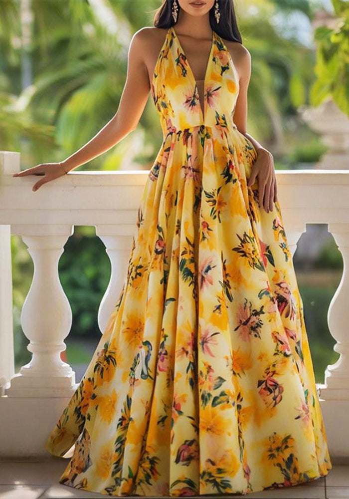 Women Spring Print V-Neck Camisole Maxi Dress