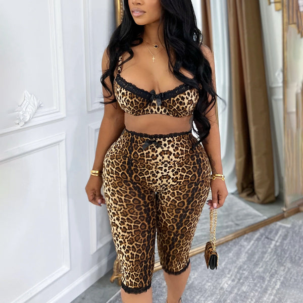Leopard Lace Bra & Capri Pants Set for Lounge & Club Wear