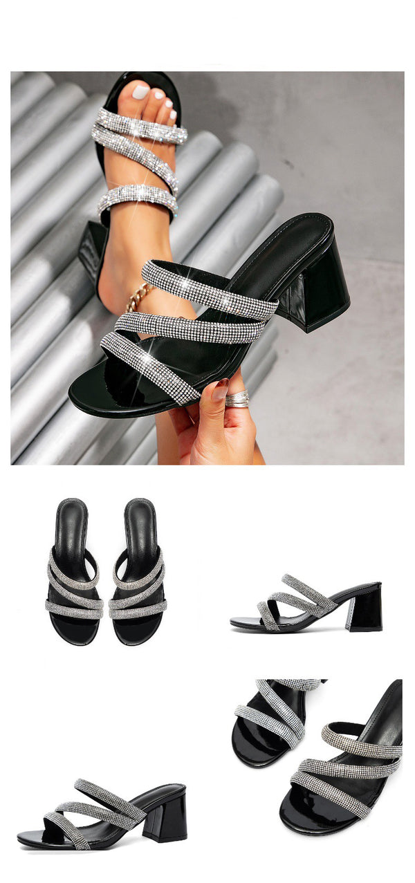 Square Toe Rhinestone Strap High Heel Sandals for Evening Events