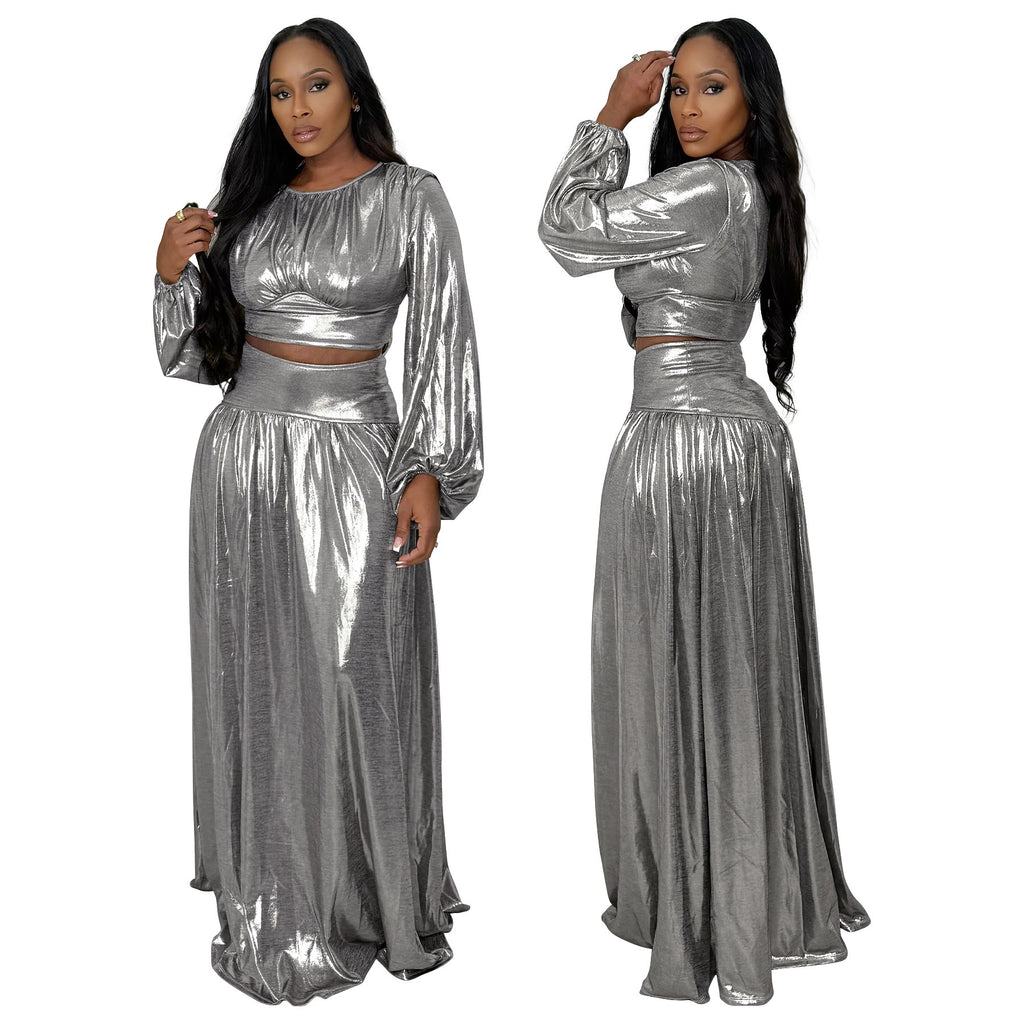 Round-Neck Lantern-Sleeve Flared Skirt Two-Piece Set