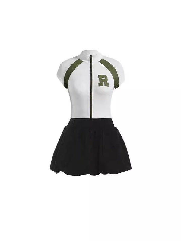 Zipper Short Sleeve T-Shirt & Skirt Set for American Streetwear