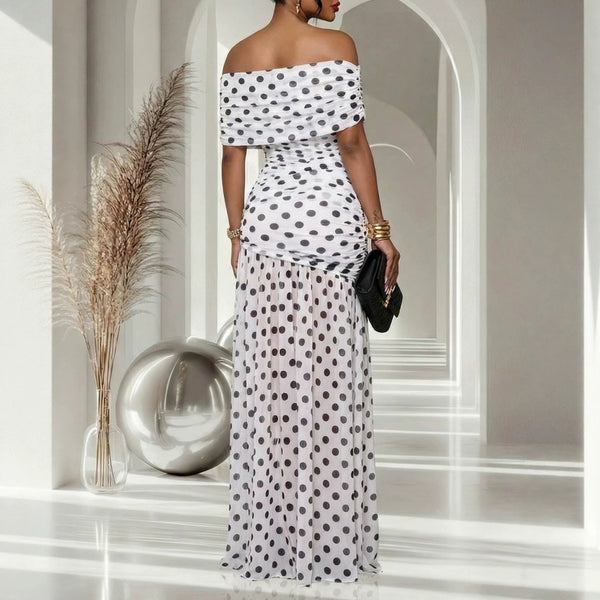 Polka Dot Mesh Patchwork Slit Off-Shoulder Dress for Formal Parties