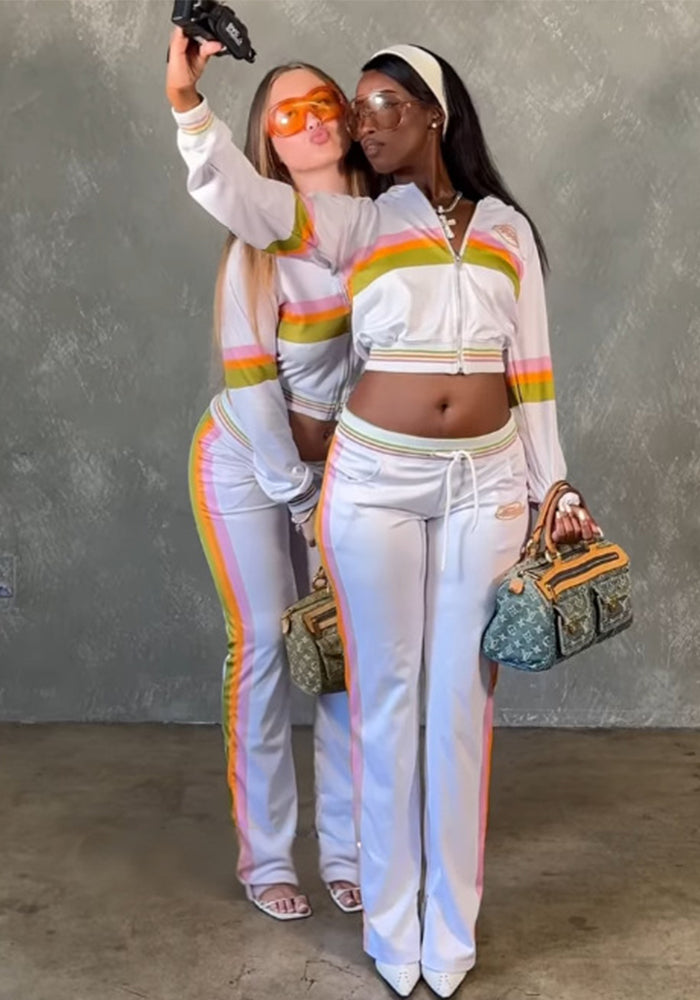 Women Zippered Long-Sleeved Top and Pants Two-Piece Set