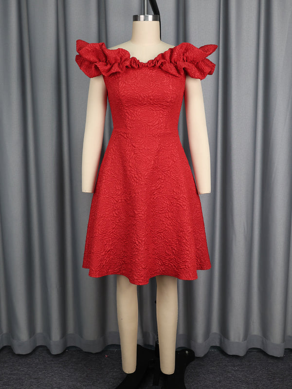 Plus Size Red Jacquard Off-Shoulder Ruffle Party Mini Dress