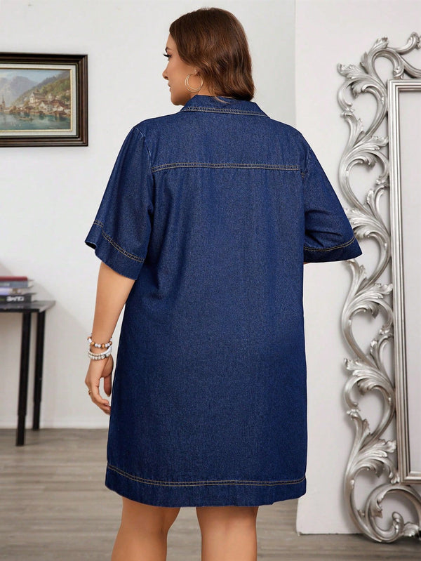 Plus Size V-Neck Stretch Denim Dress for Casual Office Wear