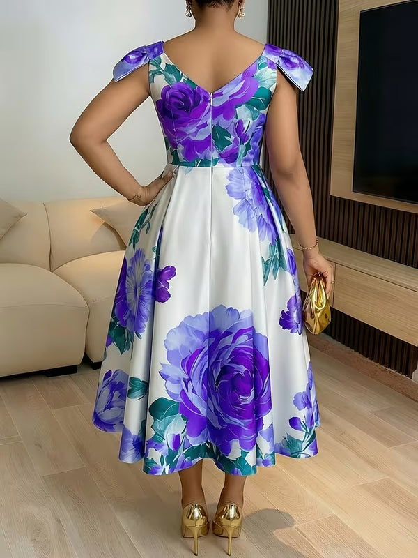 Printed Ruffled Neckline Dress for Holiday Vacations