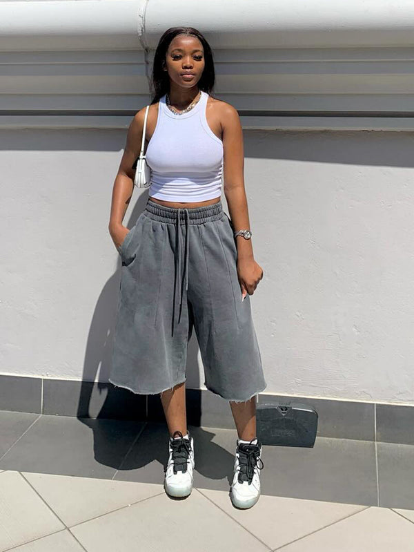 Washed Gray Drawstring Wide Leg Cropped Pants for Casual Streetwear