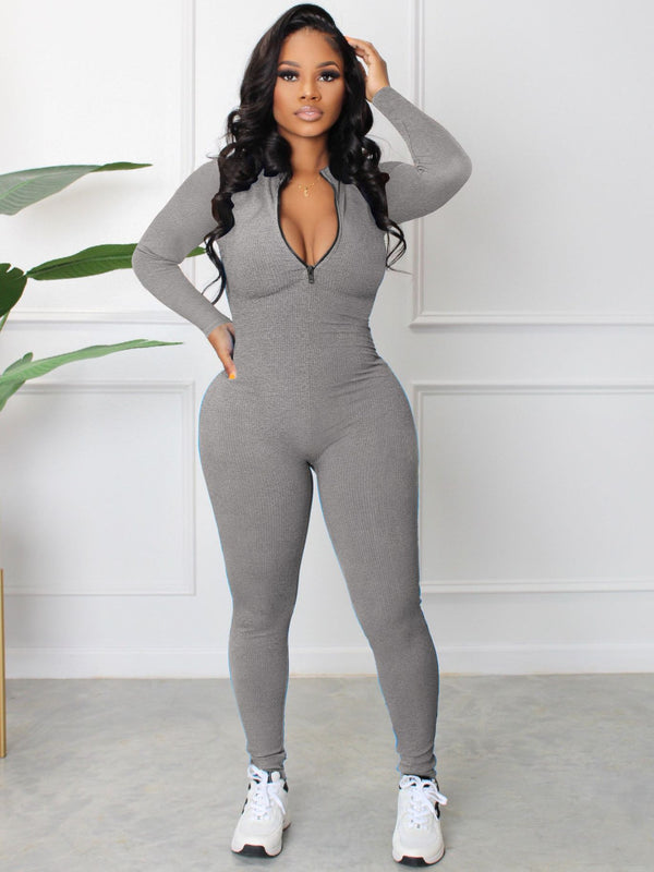 Ribbed Zipper Jumpsuit for Spring & Autumn Activewear