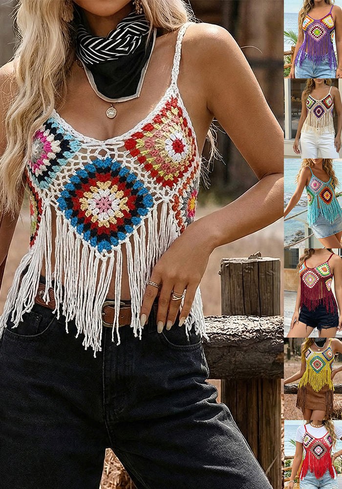 Women's Crochet Patchwork Tassel Camisole Crop Top