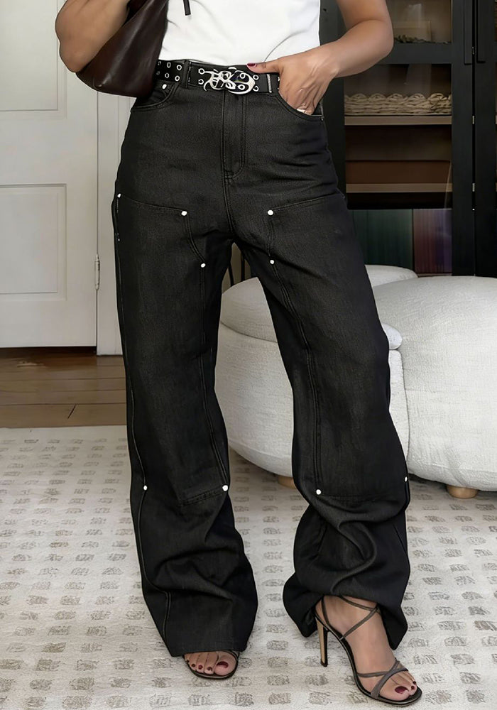 Rivet Spliced Washed Straight-Leg Denim Jeans for Streetwear