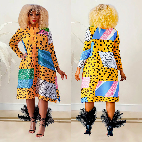 Printed Long-Sleeve Button-Up Maxi Dress for Everyday Wear