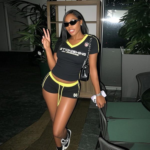 V-Neck Short Sleeve Tight Sports Shorts Set for Summer