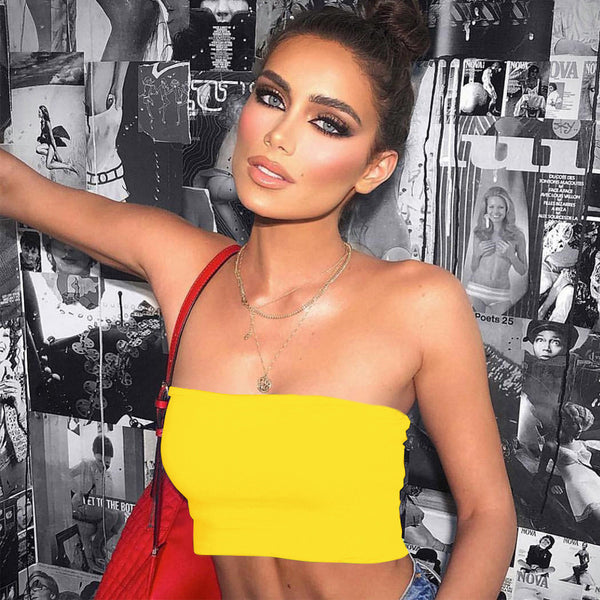 Women Casual Solid Crop Strapless Basic Top