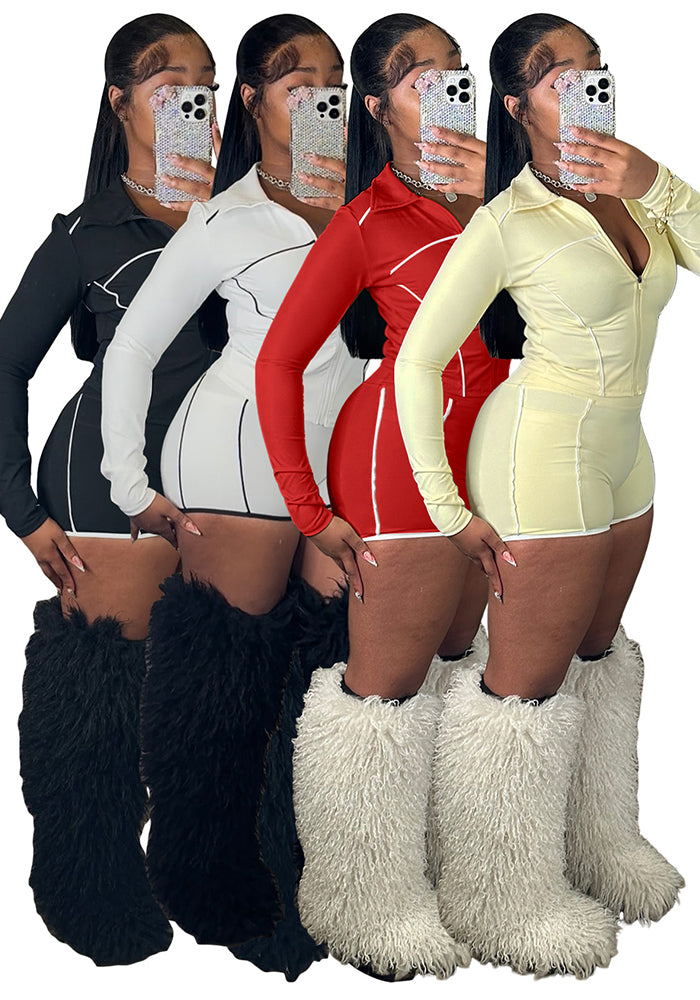 Zippered Long-Sleeve Thumb-Hole Athletic Top & Shorts Set