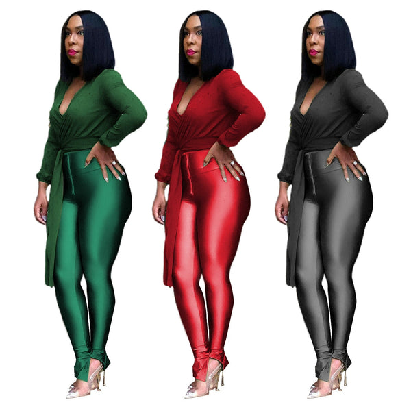 Women's Chiffon Top and Metallic Pants Two-Piece Outfit