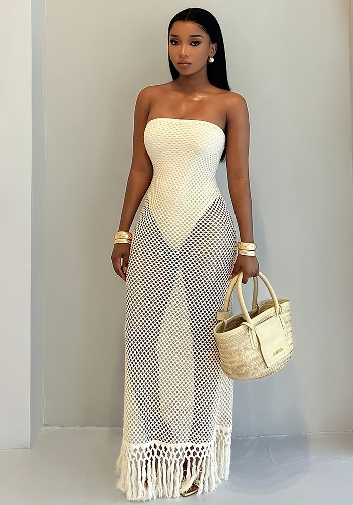 Strapless Hollow-Out Knitted Two-Piece Dress Set for Holidays