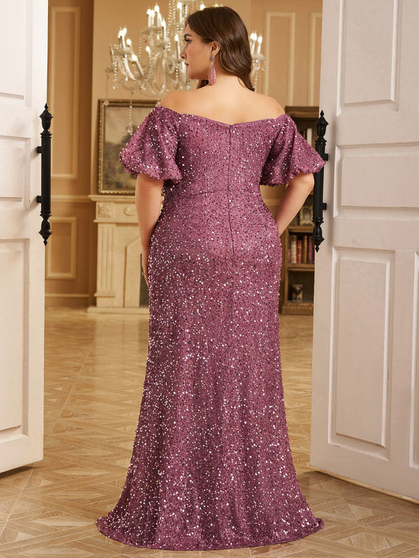 Plus Size Off Shoulder Sequin Bodycon Slit Evening Dress