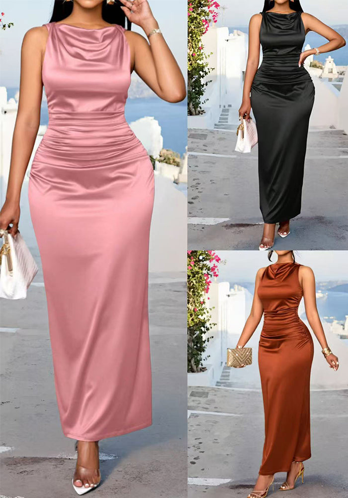 Solid Pleated Sleeveless Dress for Summer Parties